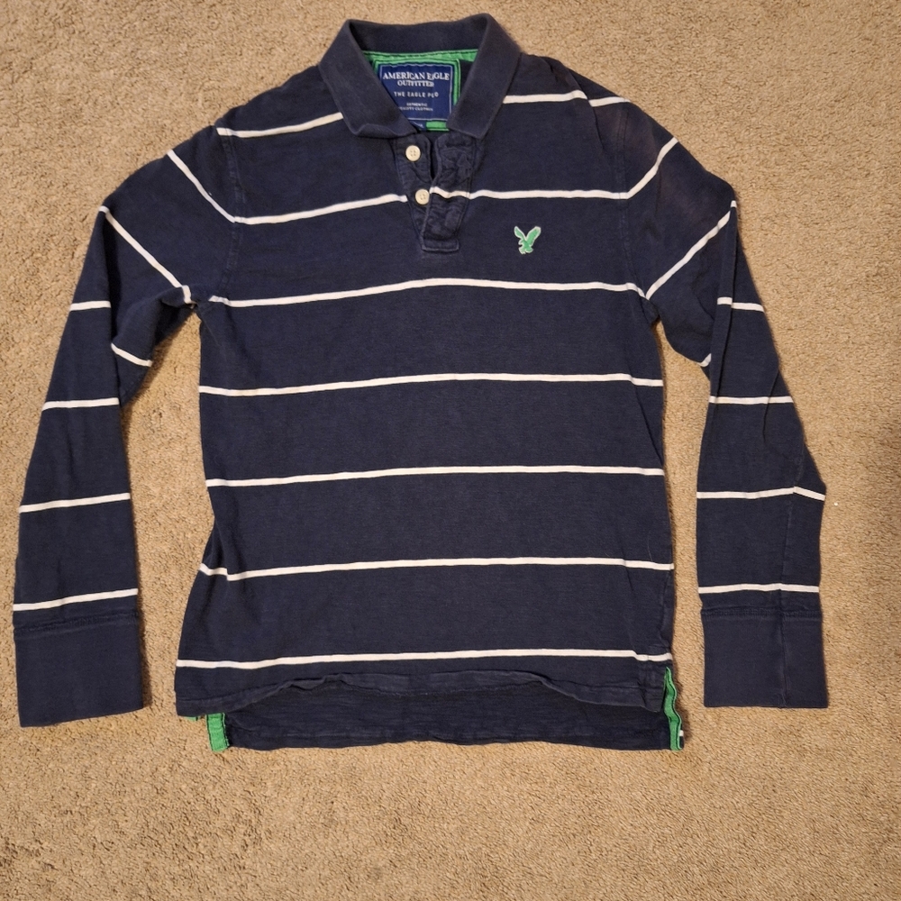 Vintage 90s American Eagle Long Sleeved Striped Polo Shirt Size Medium
